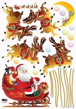 Easy Instant Decoration Wall Sticker Decal - Santa and Reindeer Sleigh