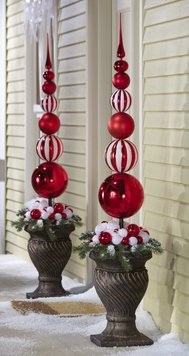Red & White Christmas Ornament Ball Finial Topiary Stake